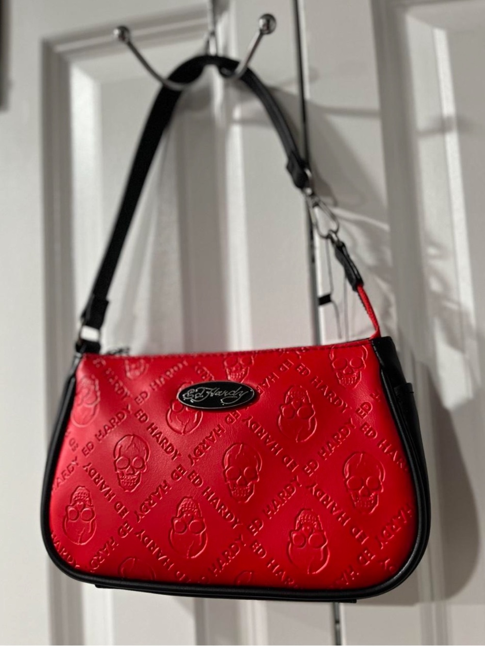 Ed Hardy Red and Black Embossed Skull Crossbody Bag